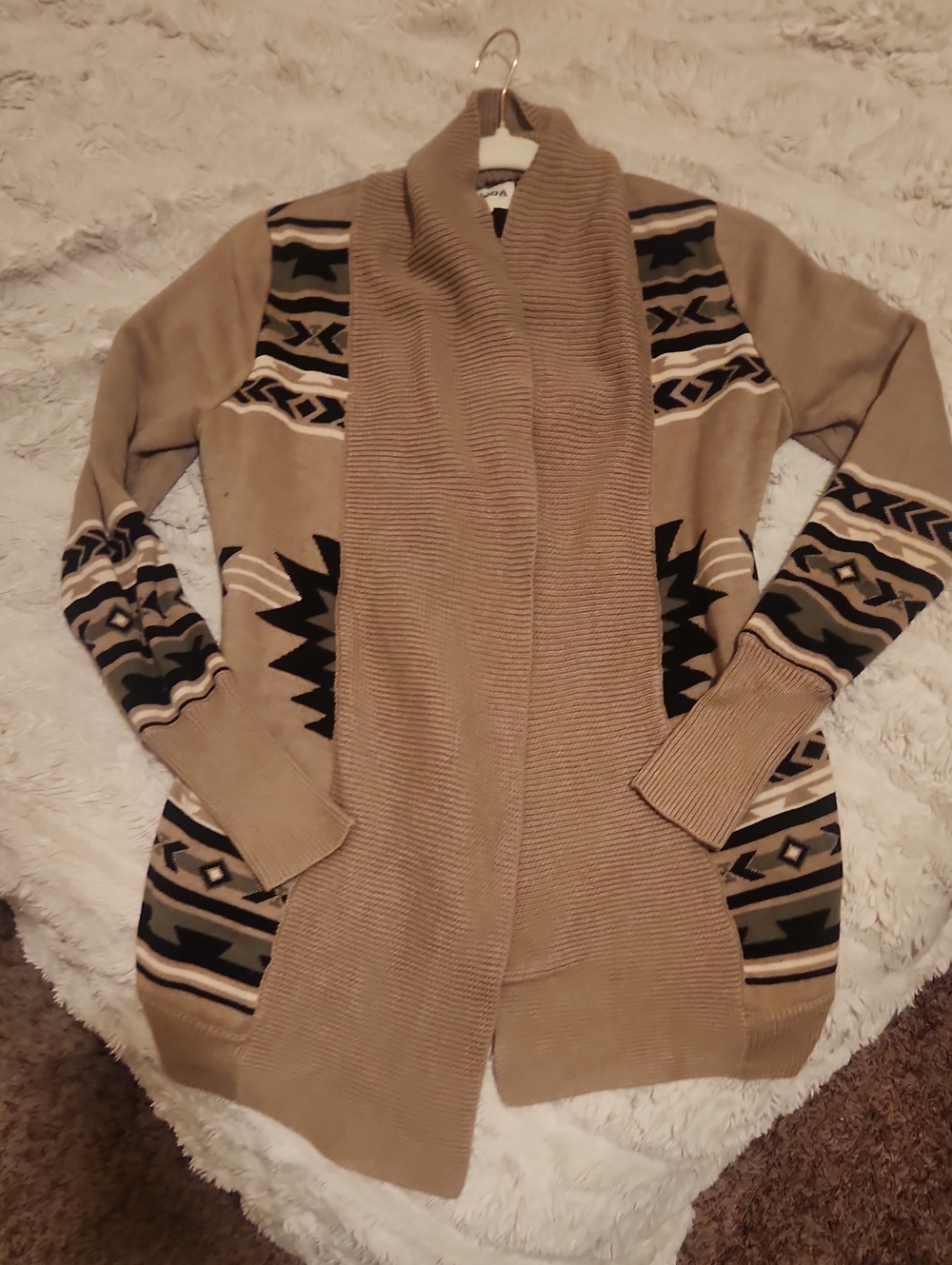 Beige Tribal Open-Front Cardigan Sweater Small Pacsun Zumies Y2k